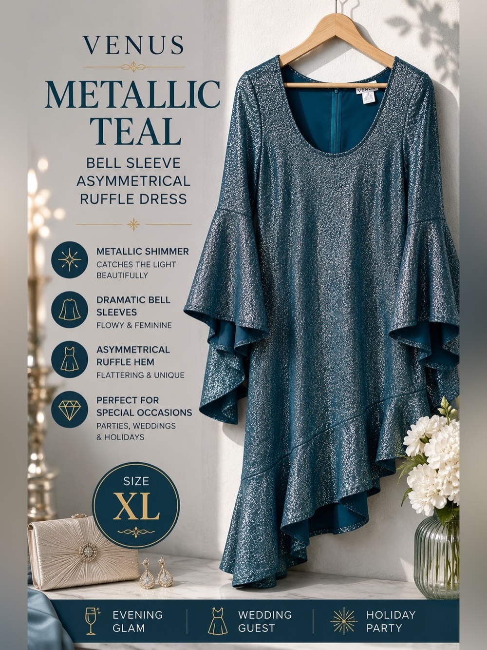 VENUS Metallic Teal Green Bell Sleeve Asymmetrical Ruffle Dress XL Like New